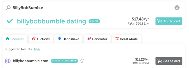 Example of an available .com name under $10